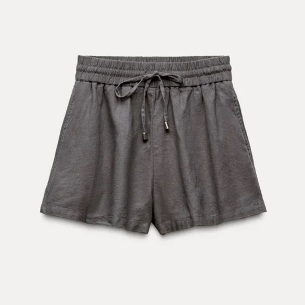 Zara Charcoal Grey Linen Blend Drawstring Shorts Elastic Waist Pockets Size L